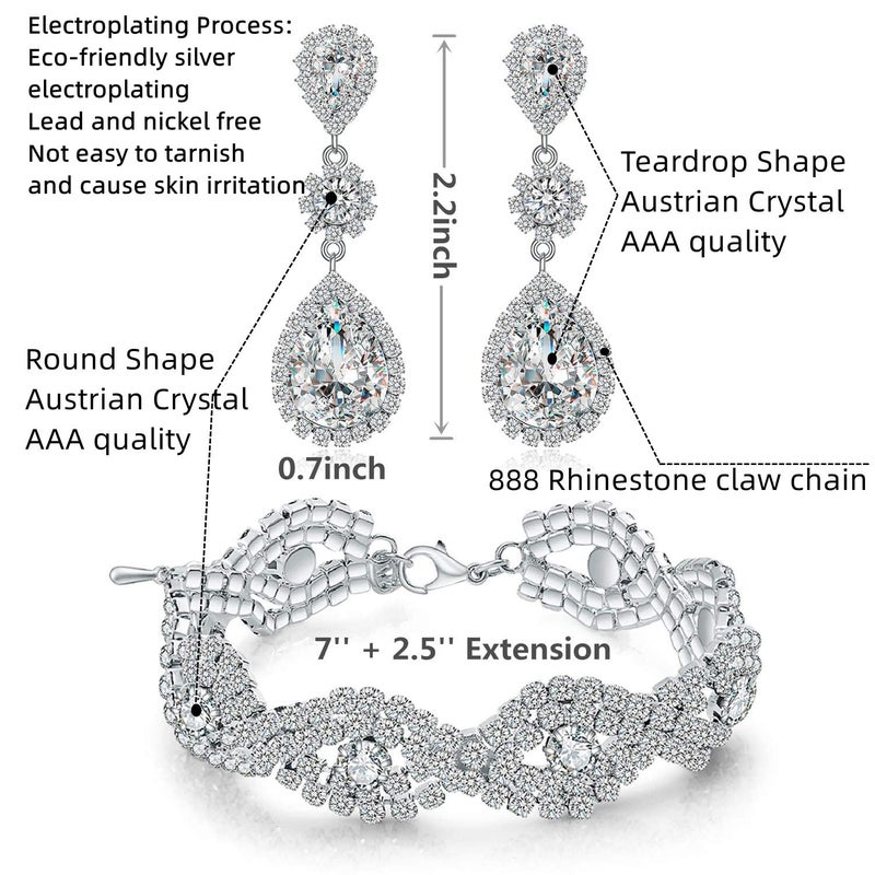 Paxuan Womens Wedding Bridal Earrings Bracelet Jewelry Sets Rhinestone Crystal Bracelets (Bracelet and Earrings Set) - Image 2